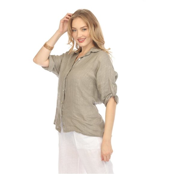 Taupe Button Up Collared Shirt - Picture 2 of 12